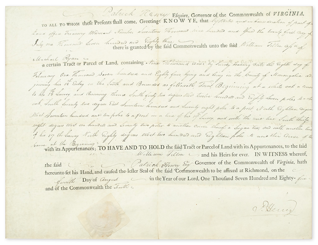 HENRY, PATRICK. Partly-printed vellum Document Signed, P. Henry, as Governor,